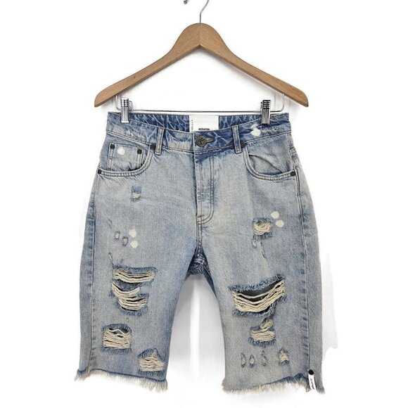 New One Teaspoon Denim Trucker Shorts Womens 23 Blue Long Line Destroyed Kansas